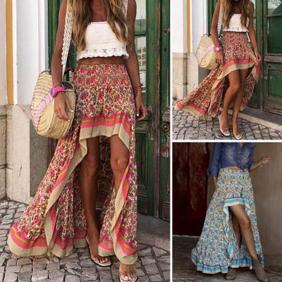 Damen-Maxirock, hohe Taille, unregelmäßiger Saum, Blumendruck, Bohemian-Stil, vorne, kurz, hinten, lang, elastische Taille, Patchwork, für Damen, Urlaub, Strand, langer Rock