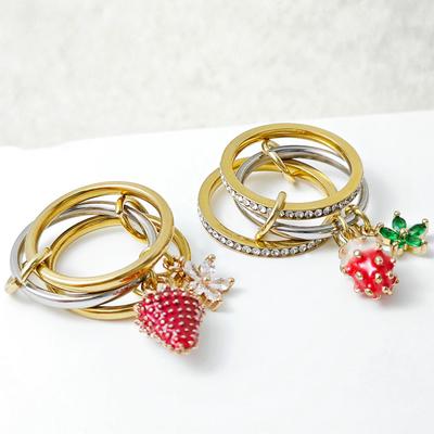 Y2K Sweet Strawberry Flower Charms Rings Set For Girls Women Stainless Steel Stacking Spinelli Rings Jewelry Gifts INS Trendy
