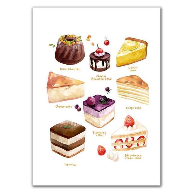 Breakfast Food Posters and  Prints Cake Bread Puff Tea Dessert Wall Art HD Pictures Canvas Painting for Coffee Shop Bakery Decor