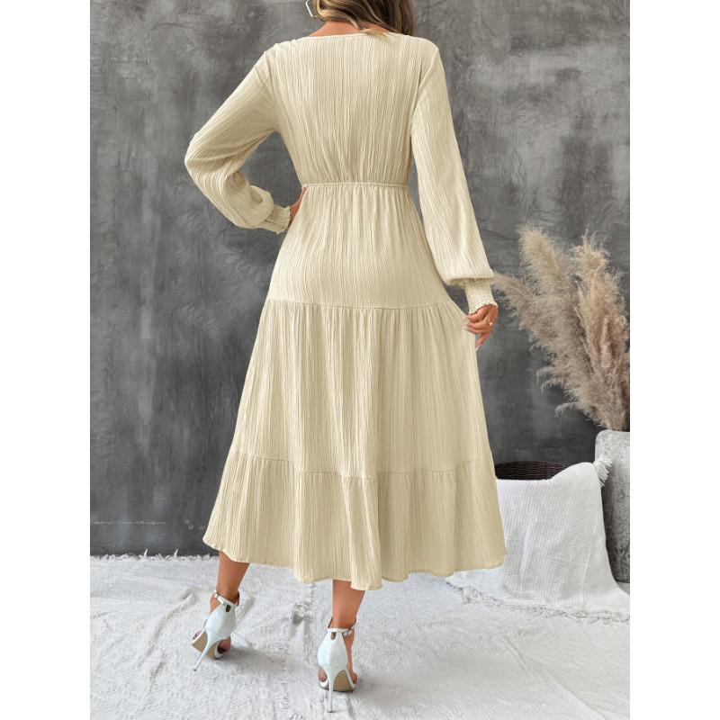 Spring Autumn V-neck Elegant Fashion Lace Up A-line Dress Women Long Sleeve Casual Fashion Robe Vestidos