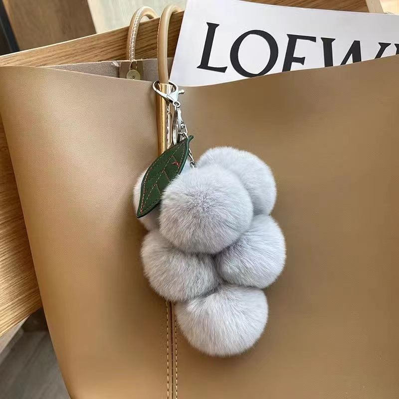 Cute Grape Poms Bag Chain Keychains Fluffy Pompoms Pendant Rex Rabbit Fur Pompoms Keyring Backpack Bag Accessories