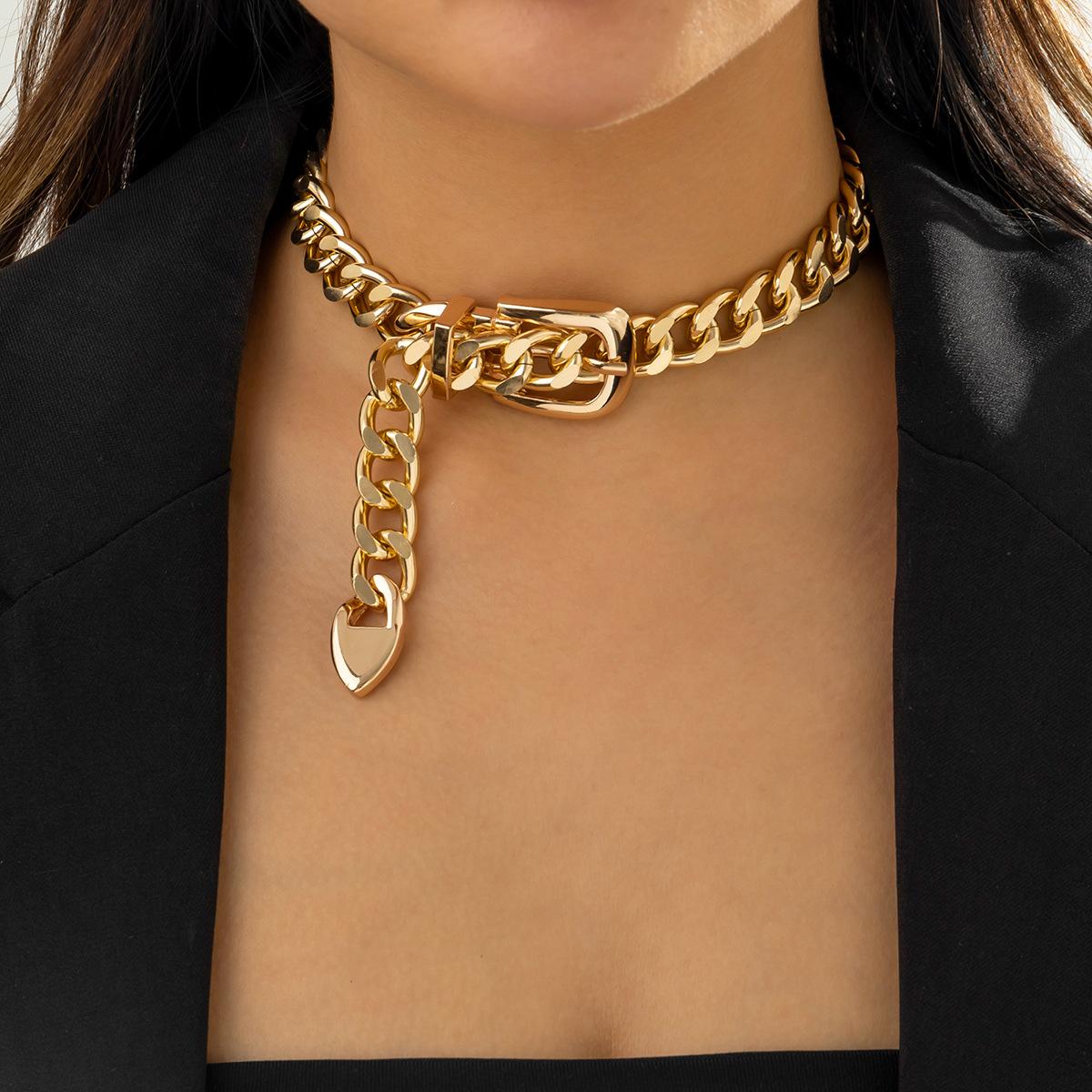 Accessories, Punk Rough Chain Belt Buckle Clavicle Necklace Female, Hip Hop Heavy Industries Metal Geometric Necklace