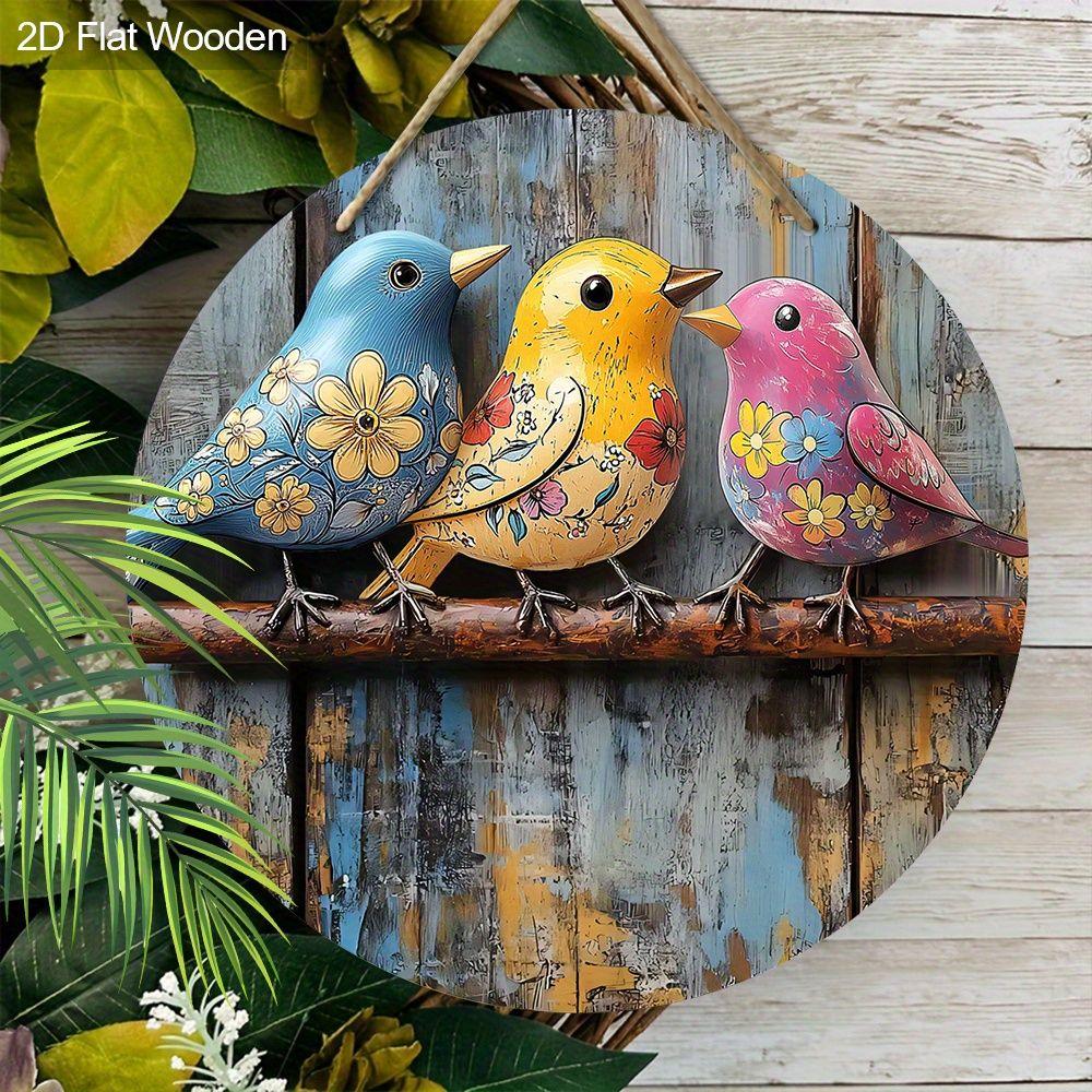 2D Flat Wooden Hanging Decorative Sign, Family Wall or Door Decoration, Garden Decoration, Three Colorful Birds Pattern, Holiday Gifts for Friends