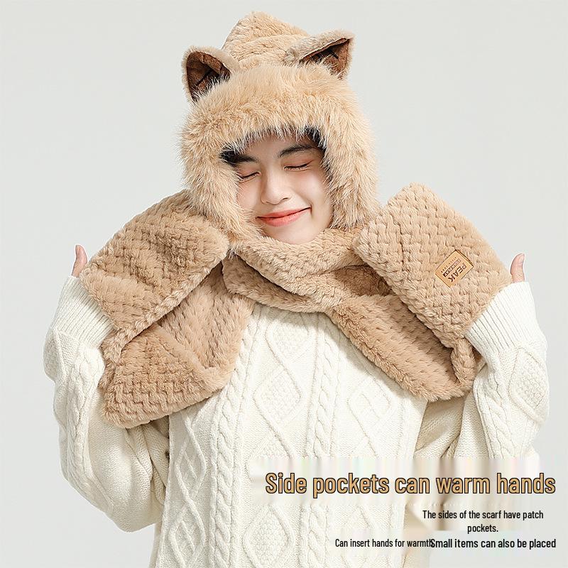 PEAKY Women s Warm Knit Set: Hooded Scarf, Beanie, and Gloves - Plush, Integrated Autumn/Winter Style Gift