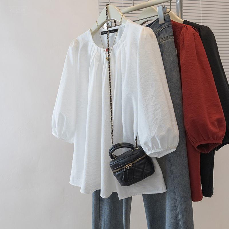 ZANZEA Dámská ležérní halenka s kulatým výstřihem, jednobarevná, s 3/4 rukávem, volného střihu