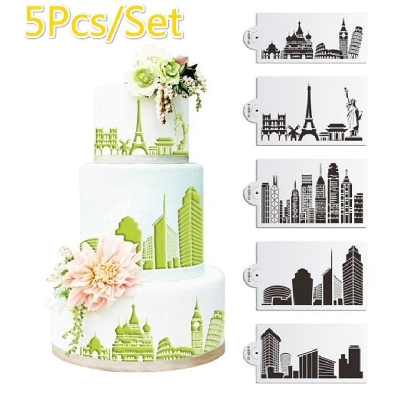 5 ks/sada Šablona na dort Pečicí forma Opakovaně použitelná Airbrush Eiffelova věž Socha Svobody Malování Umění DIY