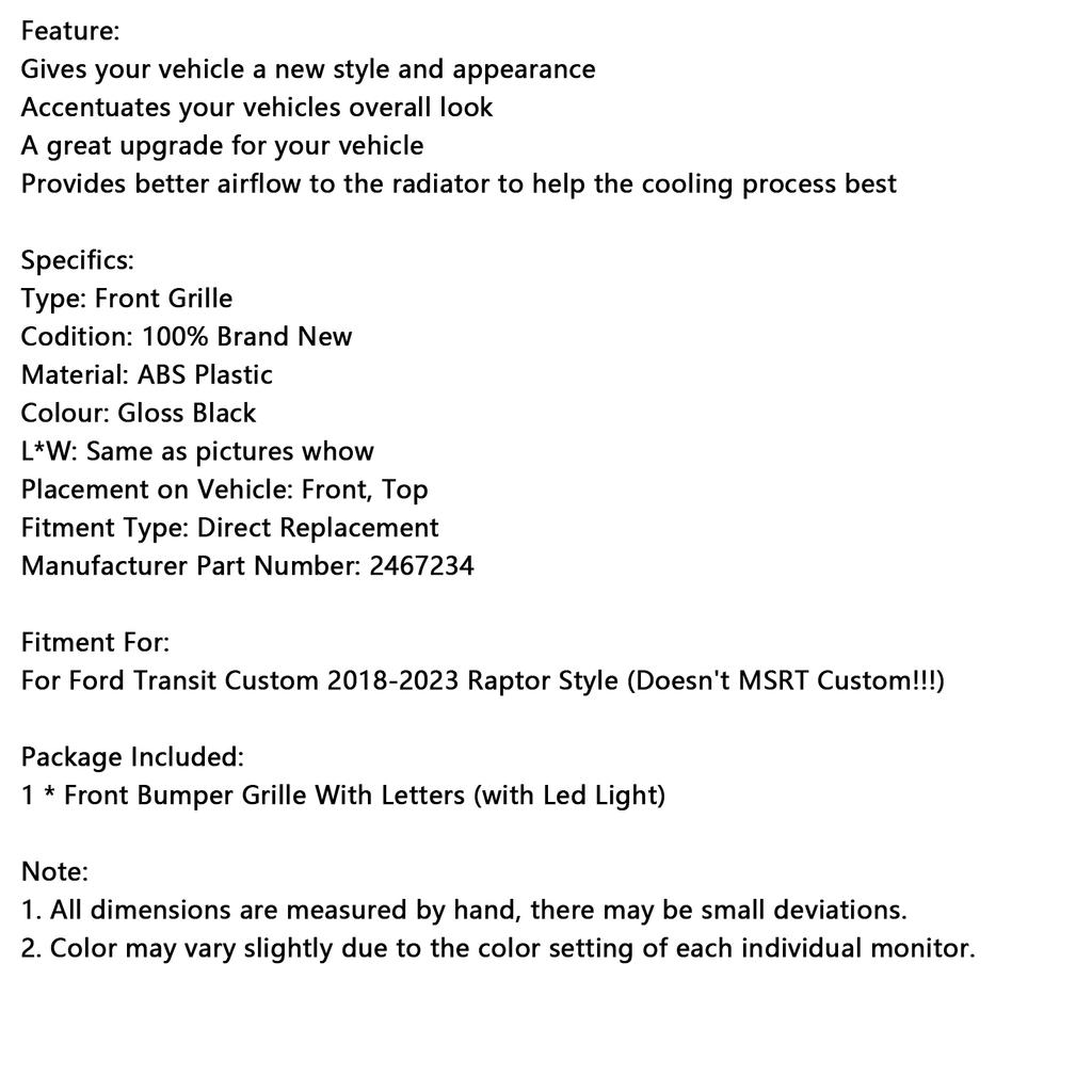 Griglia Paraurti Anteriore Nera Lucida Adatta Ford Transit Custom Trail 2018-2023 Con 3 LED