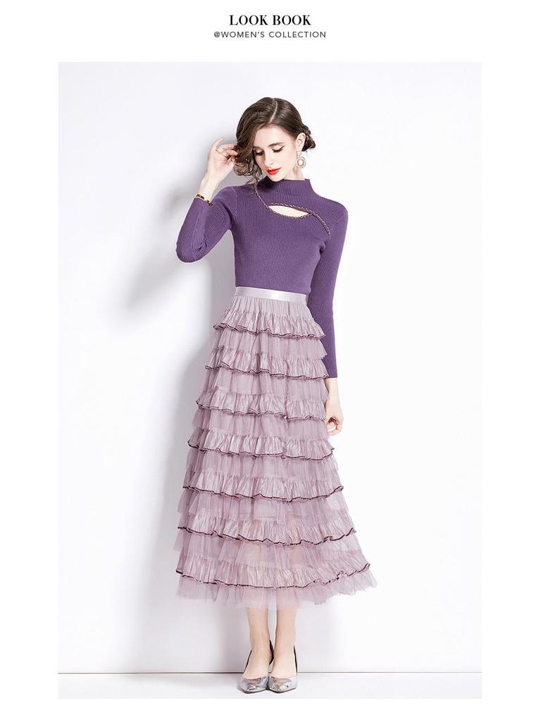 Women's Long-Sleeve Knitted Patchwork Dress Set