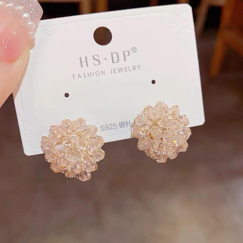 Silver needle handmade ice-through colorful flower stud earrings, sweet design crystal earrings Internet celebrity earrings