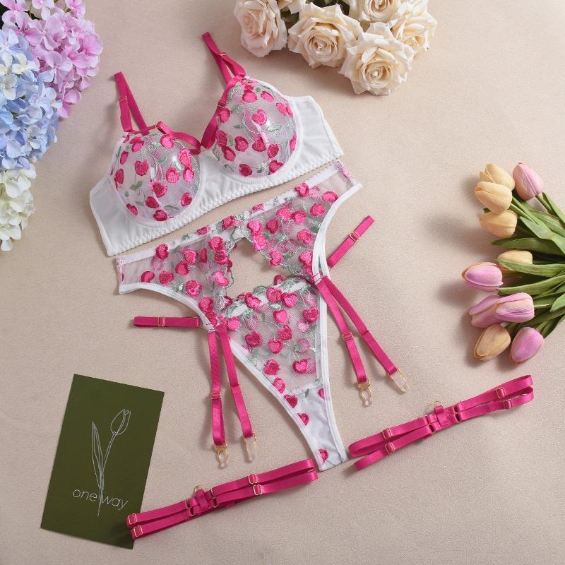 

Сексуальное нижнее белье Перспективный набор Контрастная сетка Вышивка Бюстгальтер Сексуальное искушение Набор L розовый