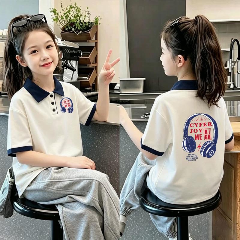 Korean Style Girls' 2026 Summer Cotton Polo Shirt: Color Blocked Lapel Short Sleeve T-shirt for Medium and Large Children