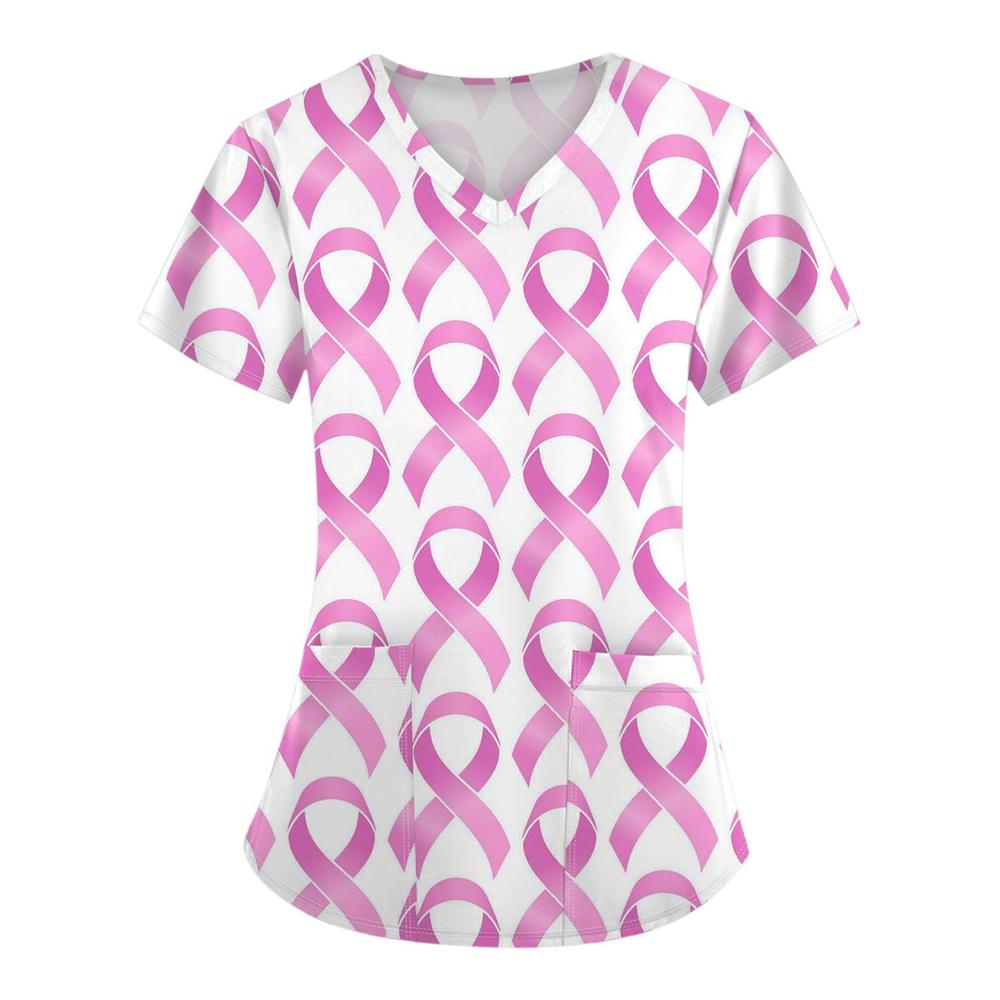 Surgical Uniforms Woman Heart Printed V-Neck Nurses Tops Short Sleeve Patch Pocket Medical Uniforms Surgical Uniforms Nursing