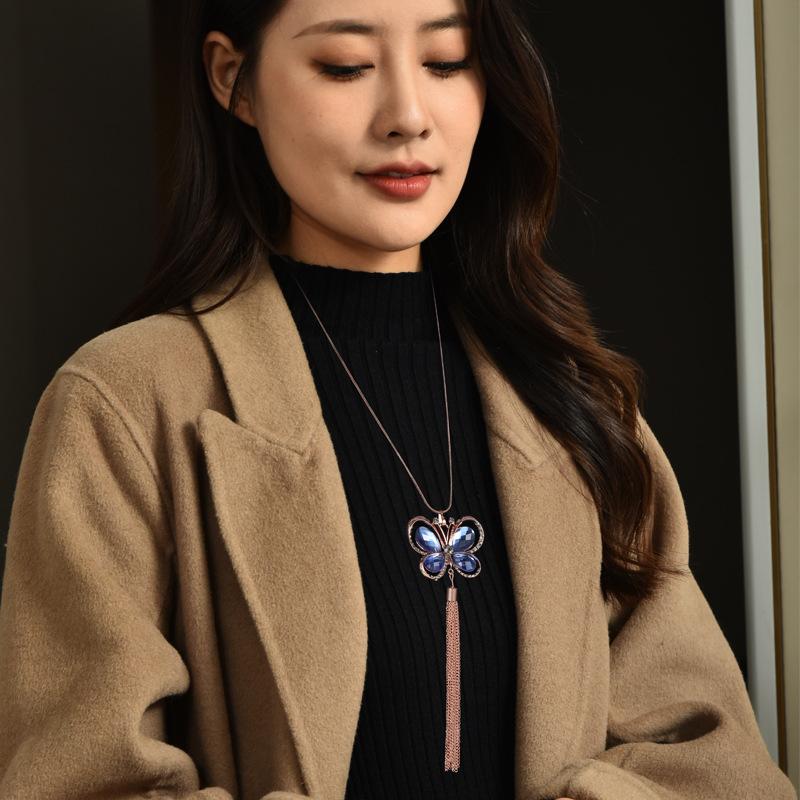 Autumn and Winter Crystal Butterfly Women s Long Accessories Fashionable and Versatile Tassel Pendant Necklace 60CM(Necklace Long)
