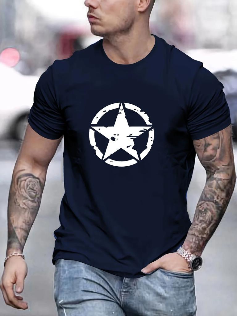 Summer Mens Cotton Comfortable Casual Loose Oversized Star Logo Graphic Printed Sports Round Neck Short Sleeved Tshirt