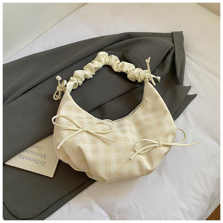 Korean Version Bow Pleated Hand Bag New Shoulder Bag Foreign Style Plaid Commuter Messenger Bag Casual Crescent Bag Tide