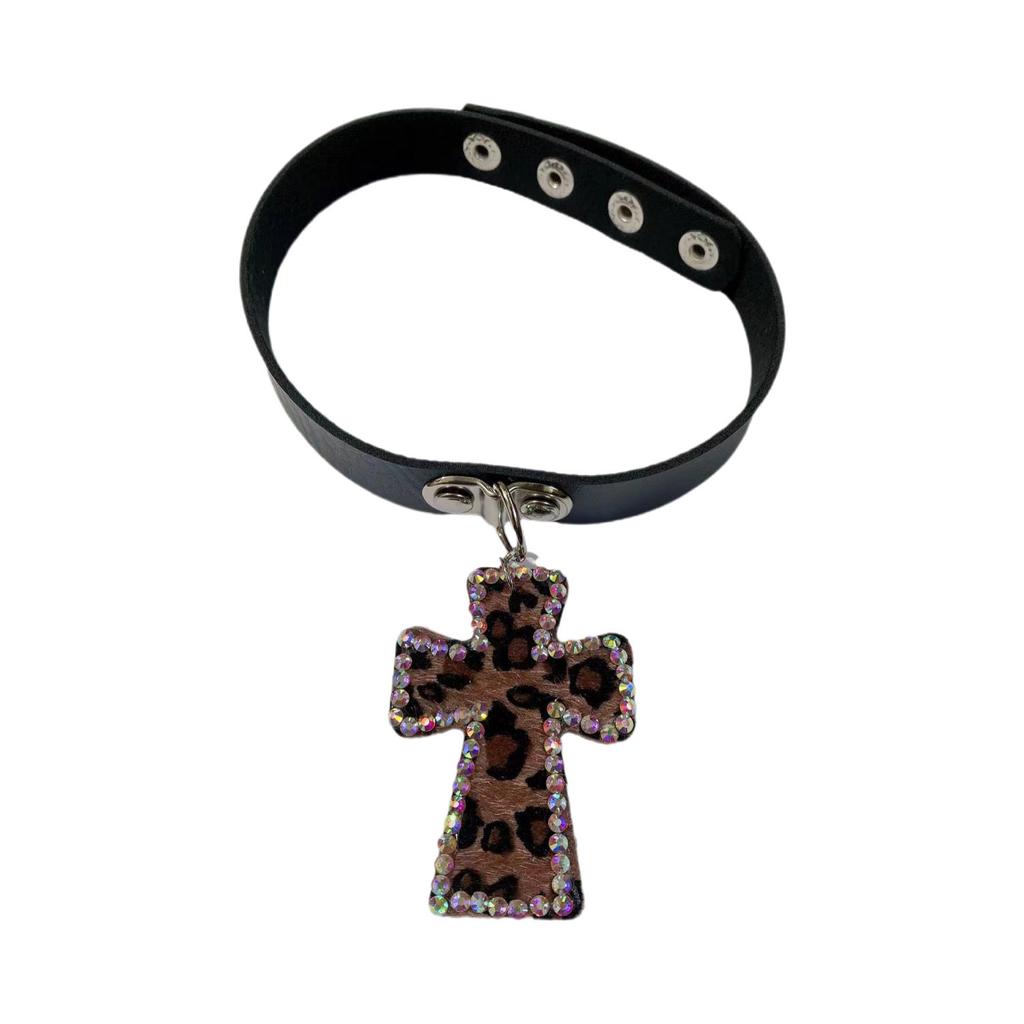 Choker Cruzado Estampado de Leopardo Estilo Y2K Millennial Collar Cadena para Clavícula Diamante Japonés Feng Shui Nicho