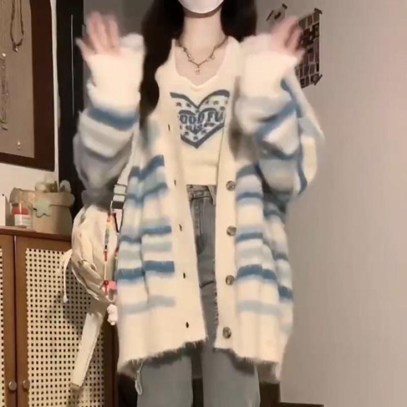 Damen Streifen-Cardigan-Set - Zweiteiliger Lazy-Stil, lockere Passform, weicher Strick für Frühling und Herbst