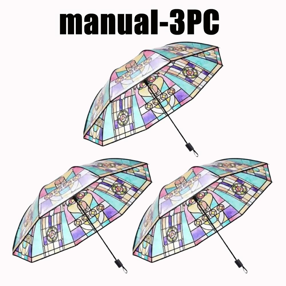 Romantic Vintage Stained Glass Automatic Rainbow Clear Umbrella for Women Rainy Day Fashion Accessory