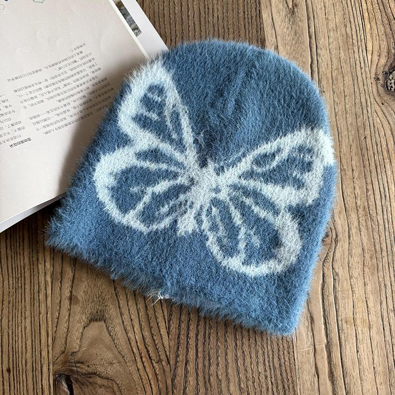 

Cute Butterfly Imitation Mink Knitted Hat Cold Size Wool Hat Women s Fashion Versatile Headhat Tide M（54-58cm） темно-синий