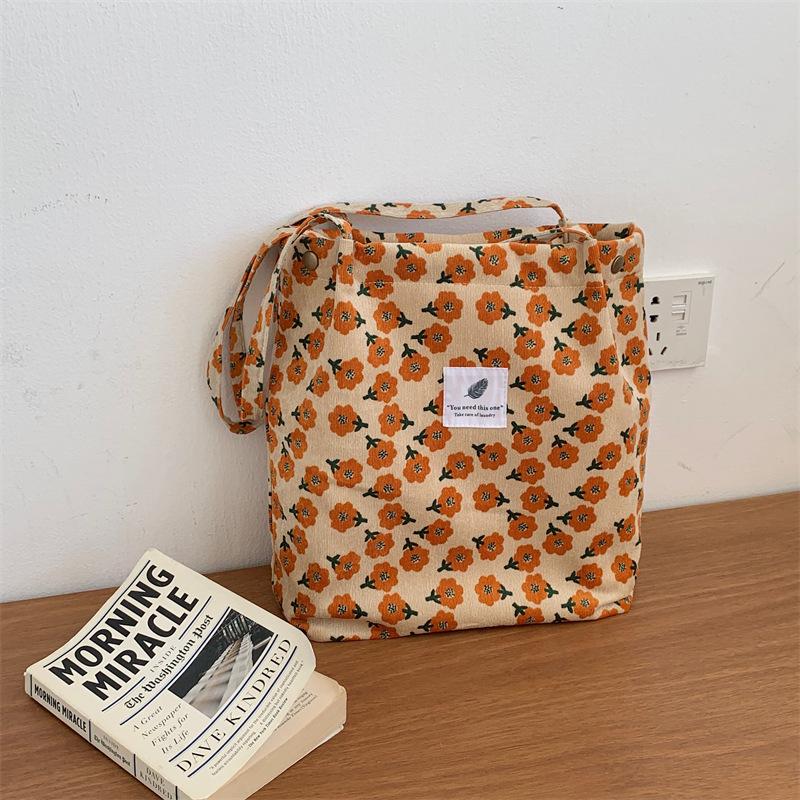 Retro Corduroy Women's Shoulder Bag Large Capacity Student Girls Casual Tote Book Handbags Flower Leopard Female Shopping Bags