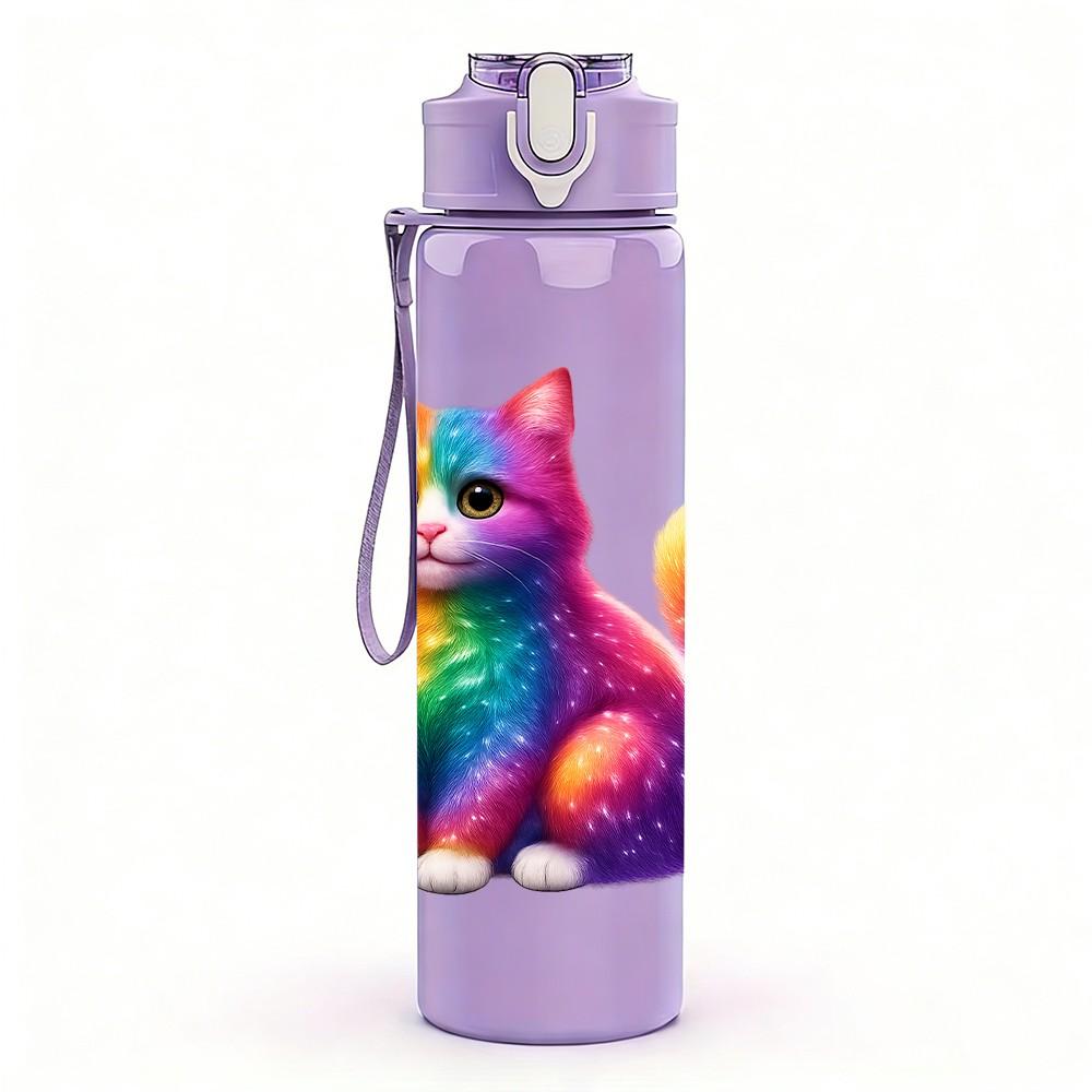 1PC Rainbow Fluffy Cat Art 750ml Color Plastic Sports Water Bottle Leakproof Flip Straw Lid Suitable for Sports Office Home Use
