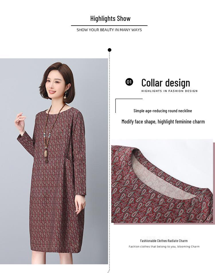 2025 Retro Floral Loose Fit Dress for Women - Spring & Autumn, Round Neck, Perfect for Middle-Aged Mothers