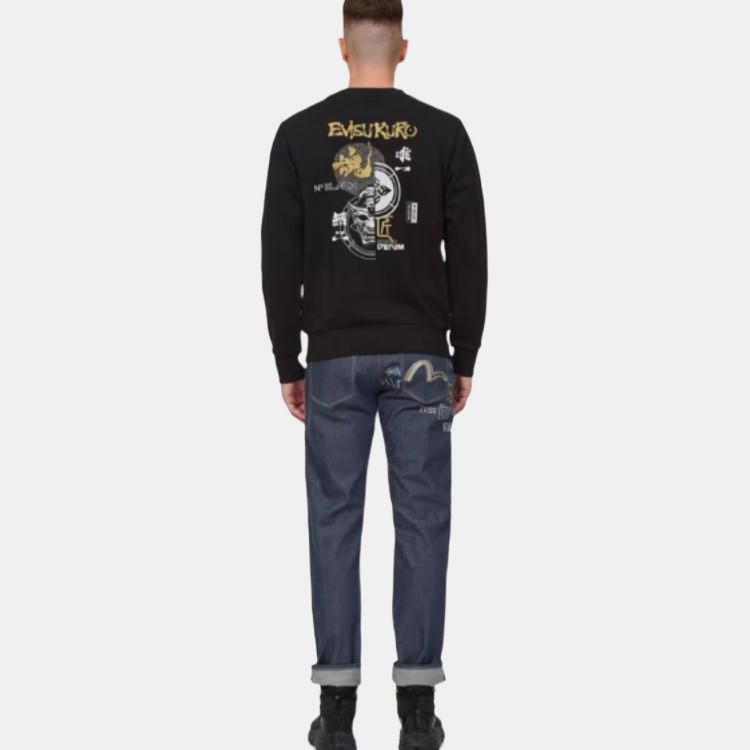 Evisu Letter Print Crew Neck Pullover Long Sleeve Sweatshirt Unisex sweatshirt Black 2EAGNM1SW424XXCT