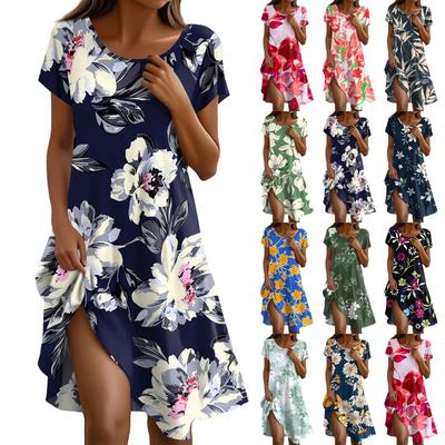 Short Sleeve Boho Dress For Women Casual Loose Fit Summer Sundress Floral Print Dress With Pockets