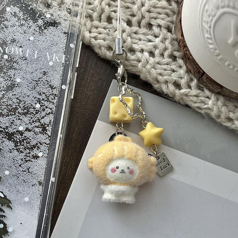 Cute Cartoon Flocking Little Bear Keychain Kawaii Pesin Mobile Phone Rope Pendant Backpack Decoration Pendant Accessories Gift