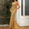European and American New Fashion V-neck Hip-wrapped Sequins Mid-waist Off-the-shoulder Small Trailing Long Evening Dress Dress