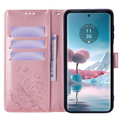 Husă Telefon pentru Motorola Edge 40 Neo 5G cu Curea de Mână Husă Tip Carte din Piele Imprimată cu Fluture și Floare