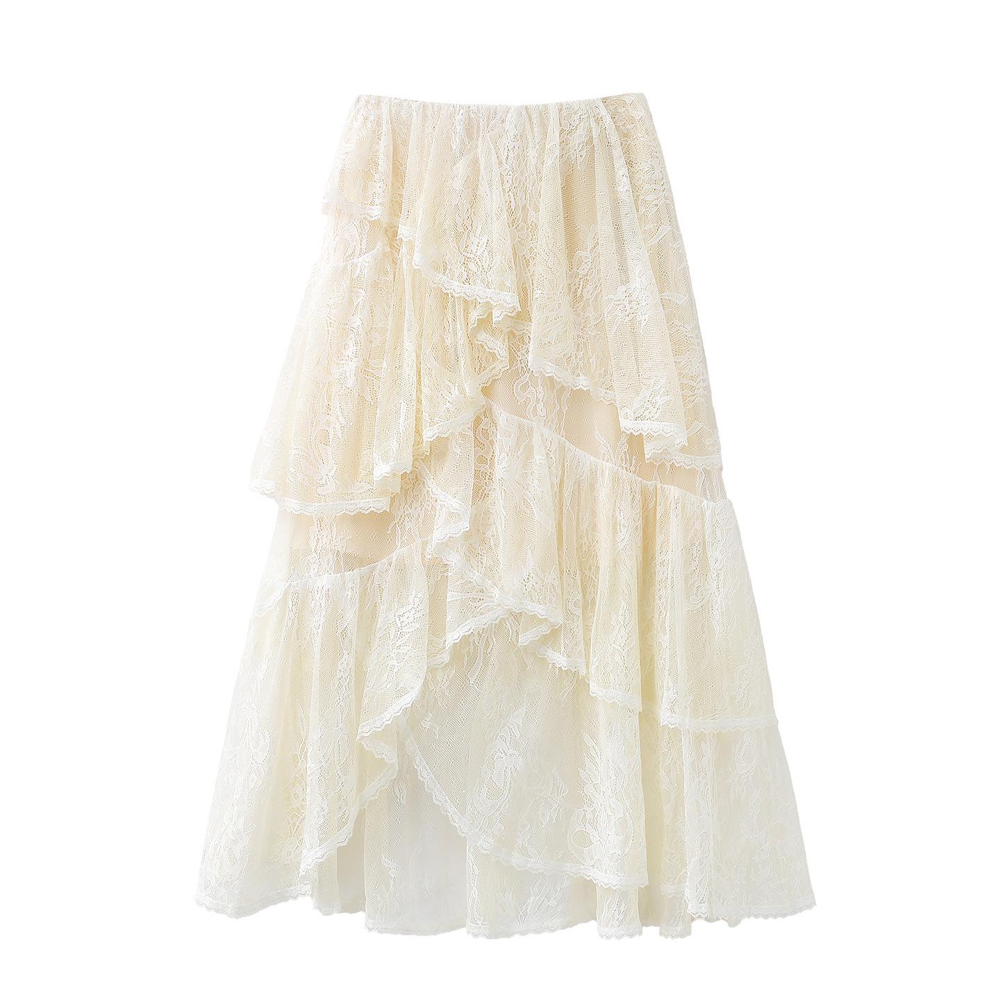2026 Spring Women s Irregular Lace Embroidery A-line Midi Layered Cake Skirt Large грязно-белый