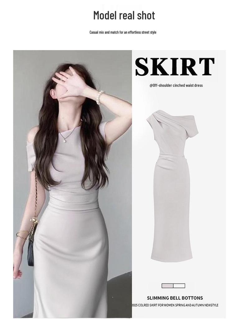 Stunning Apricot Off-Shoulder Bodycon Summer Dress - Women's Elegant Diagonal One-Shoulder Evening Gown