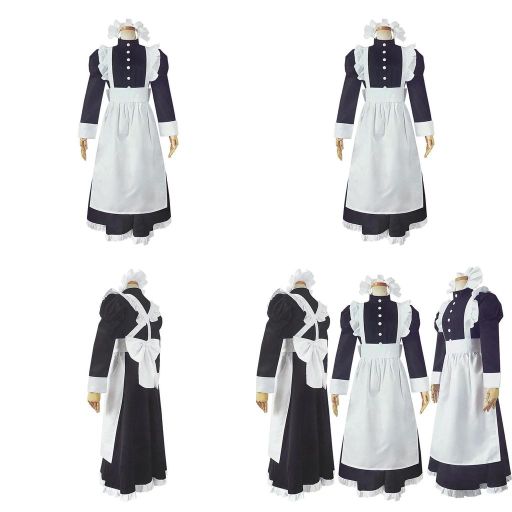 Long Style British Maid Outfit Men Women Lace Cosplay Dress Halloween Costume