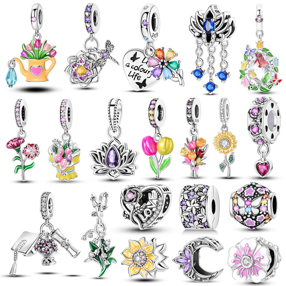Charms Beads Pendant Lotus Tulip Rose Carnation Flower Series Original Copper Bead Fit Bracelets Women Jewelry Gift