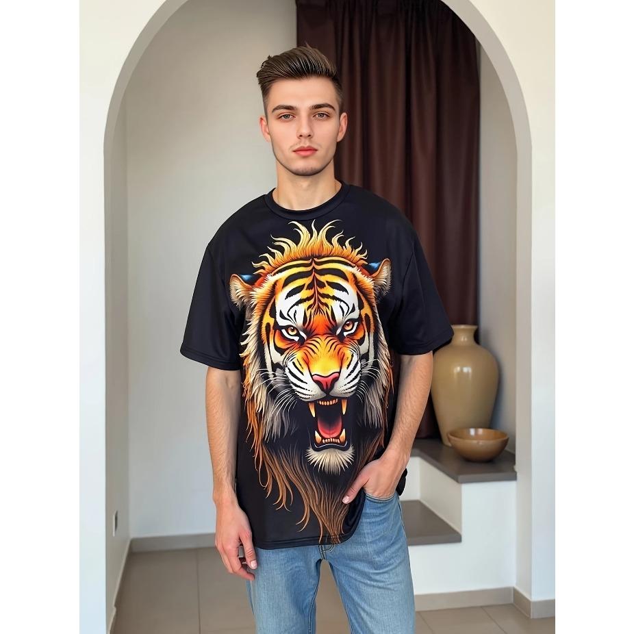Men's Casual Short Sleeve T-Shirt - Animal Print Skull & Foliage Graphic Breathable Summer Tee Round Neck for Outdoor & Casual Wear, Summer