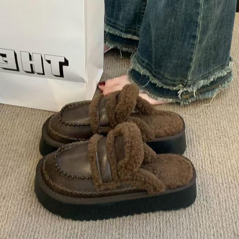 Women Wear Fluffy Slippers New Autumn and Winter Plush Snow Boots Bag Head Half Slippers Cotton Mop Thick Bottom