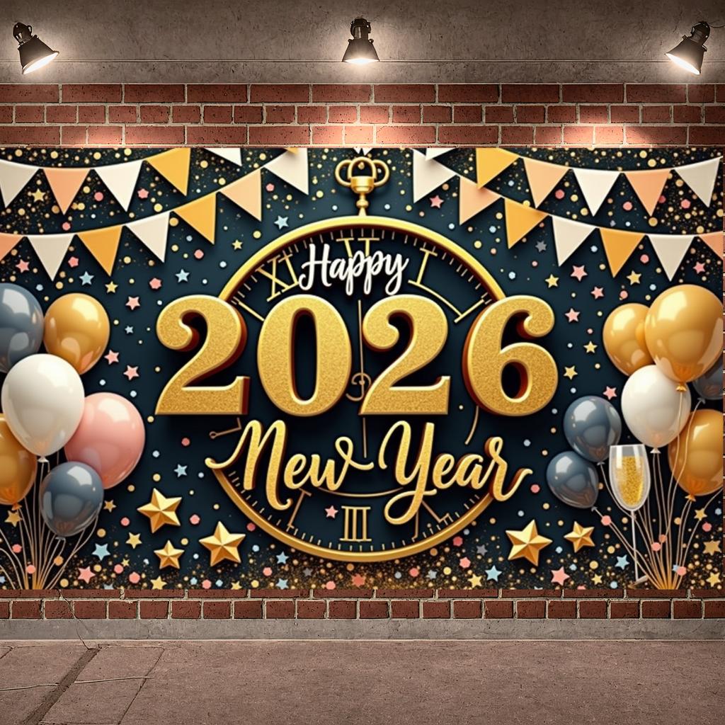 2026 Festive Display Glitter Accents 2026 Holiday Background 2026 Event Display Colorful Balloons New Year Party Backdrop