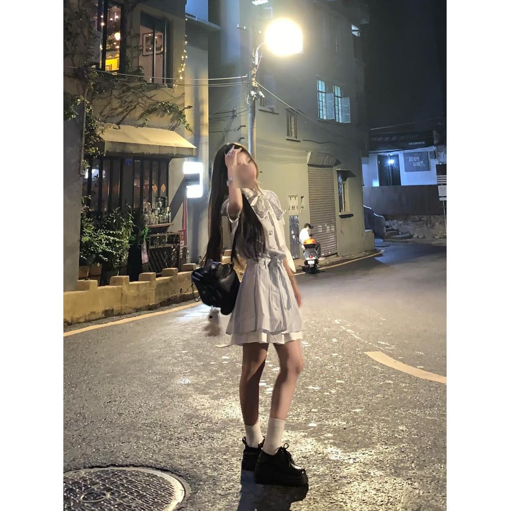 College style splicing contrasting color striped short-sleeved dress women's summer new loose casual bow lace-up skirt