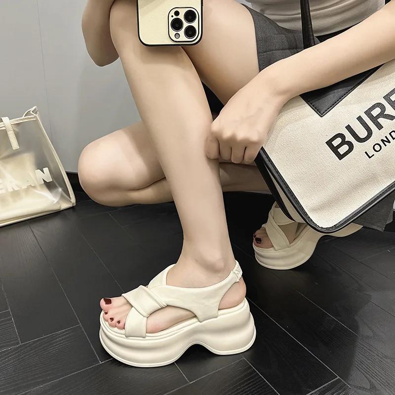 Sandales d'été à plateforme de 8 cm pour femmes, bout ouvert, semelle épaisse, chaussures plates, dames élégantes, gladiateur, sandales ventilées