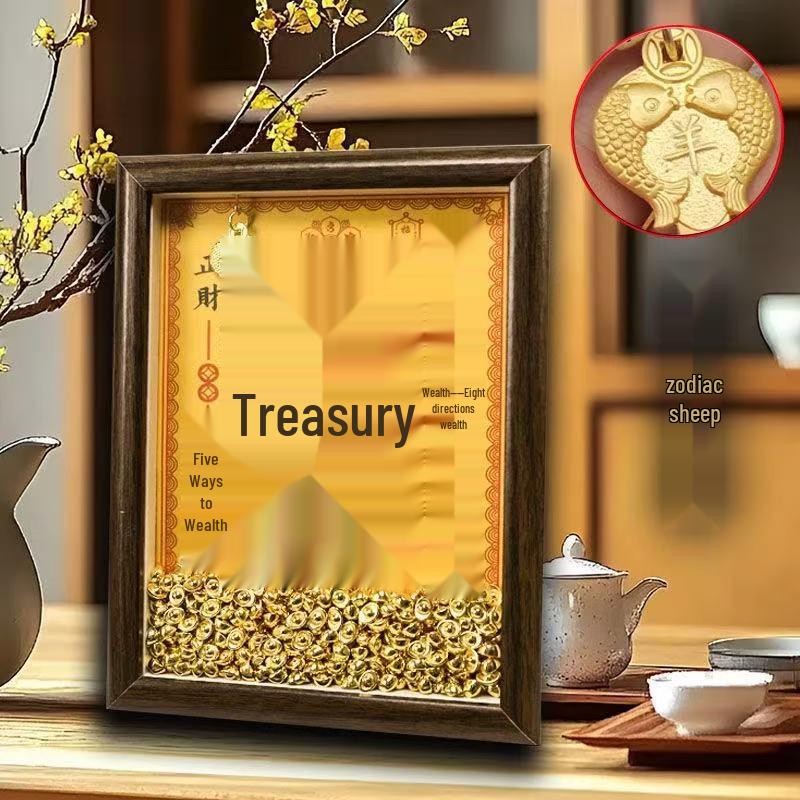 Yellow Dzambhala Wealth Photo Frame Ornament with Twelve Zodiac Animals for Desk Attraction