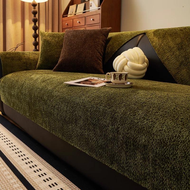 Sofa Cushion Winter Plush Non-Slip Medium Antique Dark Green Retro Advanced Sense Straight Row Sofa Seat Cushion Sofa Cover Towel