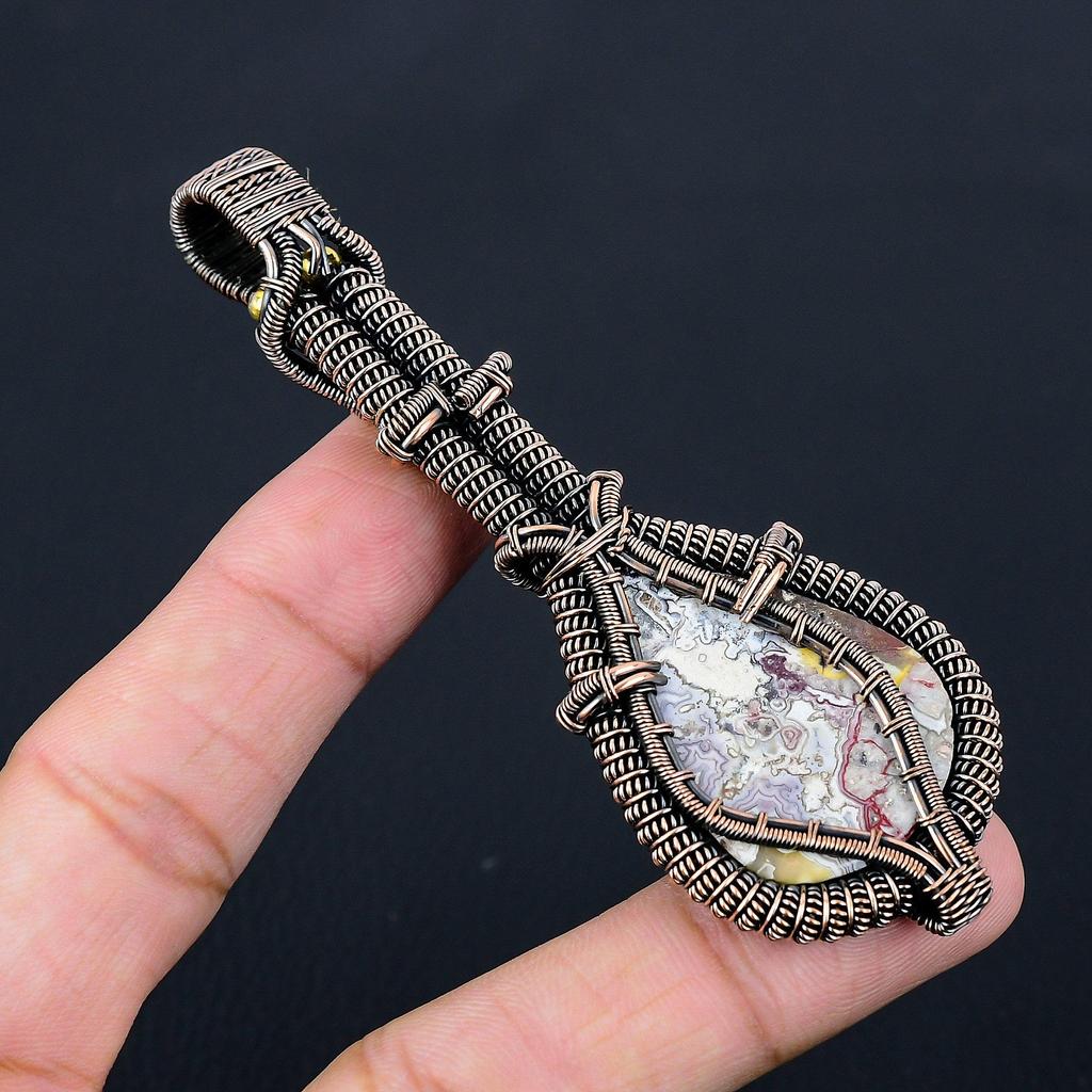 Crazy Lace Agate Gemstone Pure Copper Wire Wrapped Handmade Pendant Jewelry