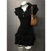 Women's Sexy Black POLO Neck A-Line Dress: 92% Cotton, 8% Spandex, Waist-Cinched Short Skirt for Summer