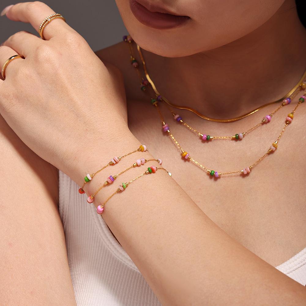 Qiong Yao Handmade Double Layer Stainless Steel Necklace with Colored Natural Stones for Women - Sweet, Light Luxury Feel