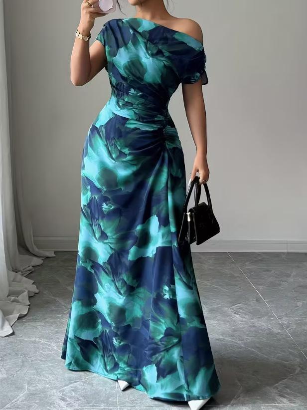New European and American Style Printing Slim Dress Summer Temperament Pleated Dress Women's Fashion Thin Hip Skirt