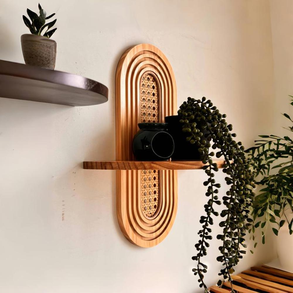 New Handmade Rattan Flower Shelf Boho Style Geometric Wall Mounted Shelves Decorative Bamboo Wooden Shelf Home Decor