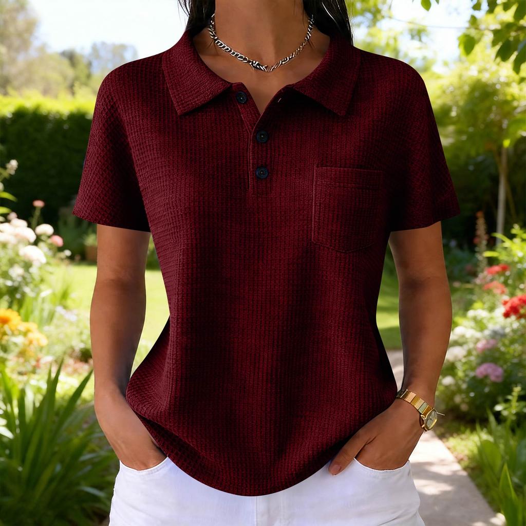 Women's Fashion Color T-Shirt — Vintage V-Neck, Button-Front, -Knit — Casual Short-Sleeve Top for Daily Commuting (Spring/Summer)