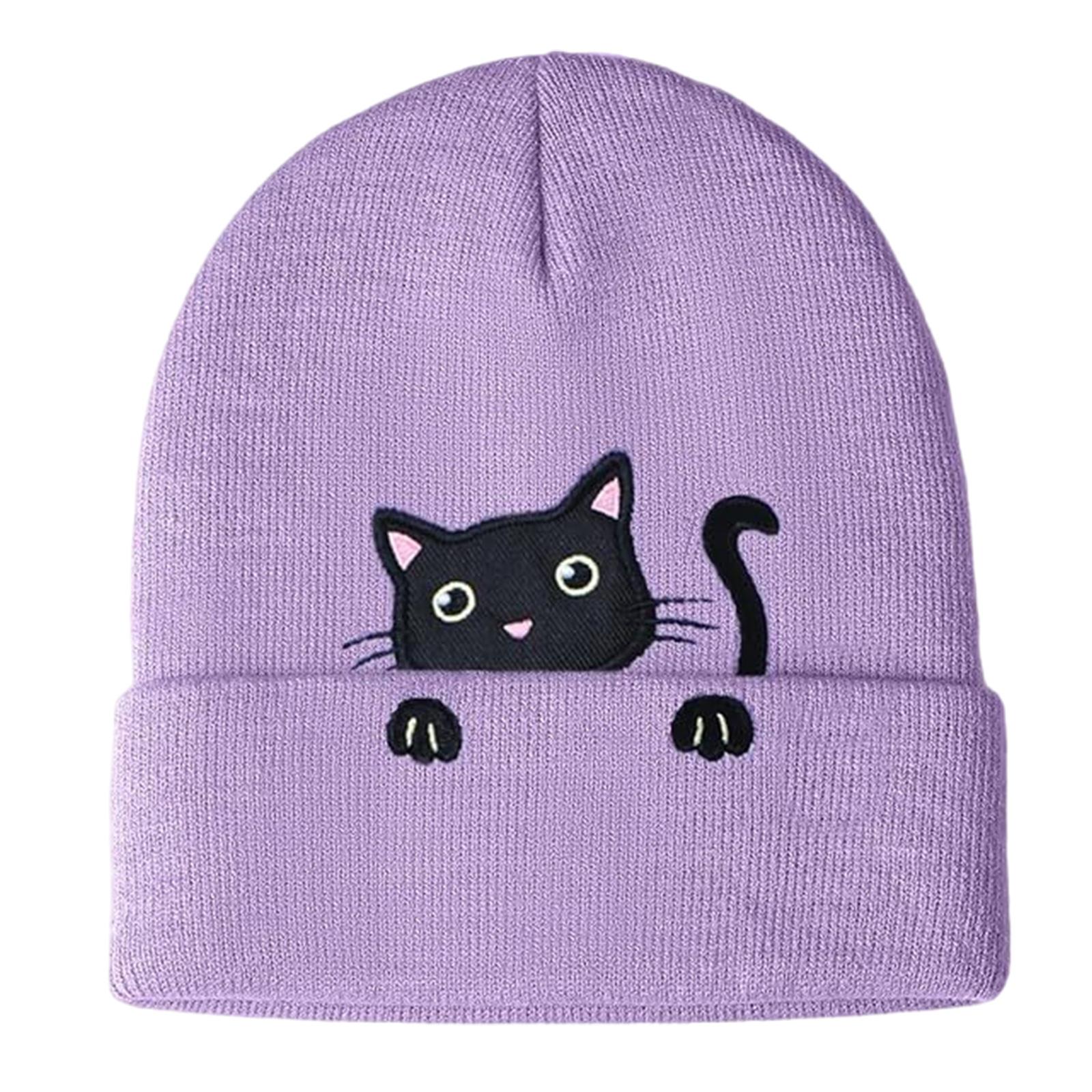 

Knit Hats Embroidered Cat Knit Beanies for Women Hip Hop Hat Unique Cartoon Cat Props Skull Caps for Trendsetting фіолетовий
