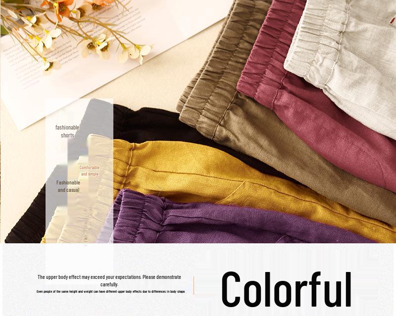 Women's 2024 Retro Cotton-Linen Elastic Waist Shorts with Large Pockets, Wide-Leg, Slimming, Straight-Leg, Versatile Design